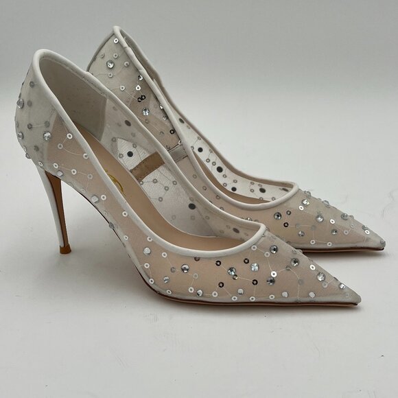 XYD White Rhinestones Studded Stiletto High Heels Mesh Pumps Wedding Shoes - Picture 2 of 5